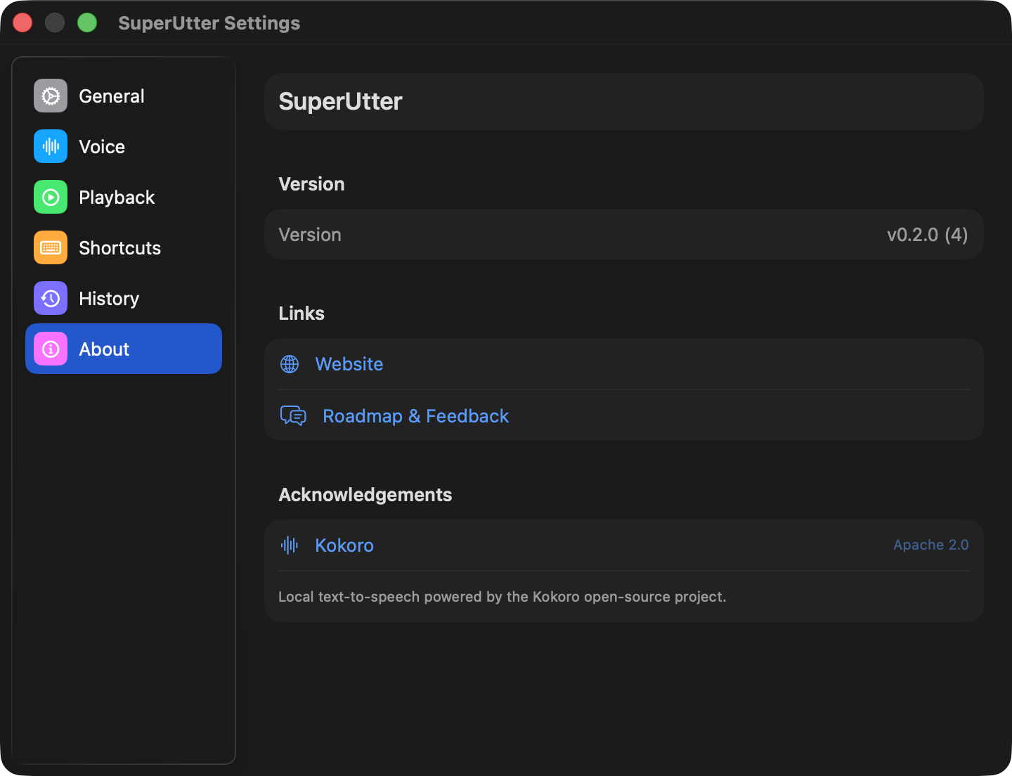 SuperUtter settings — About