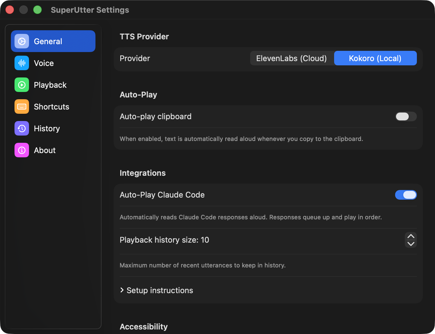 SuperUtter settings — General