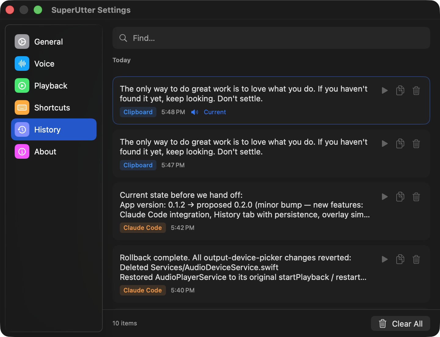 SuperUtter settings — History
