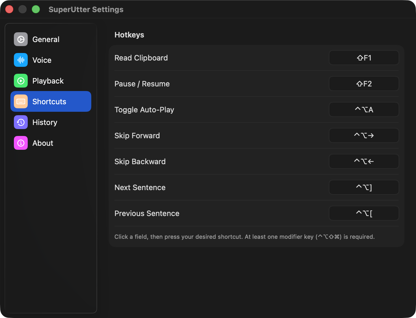 SuperUtter settings — Shortcuts