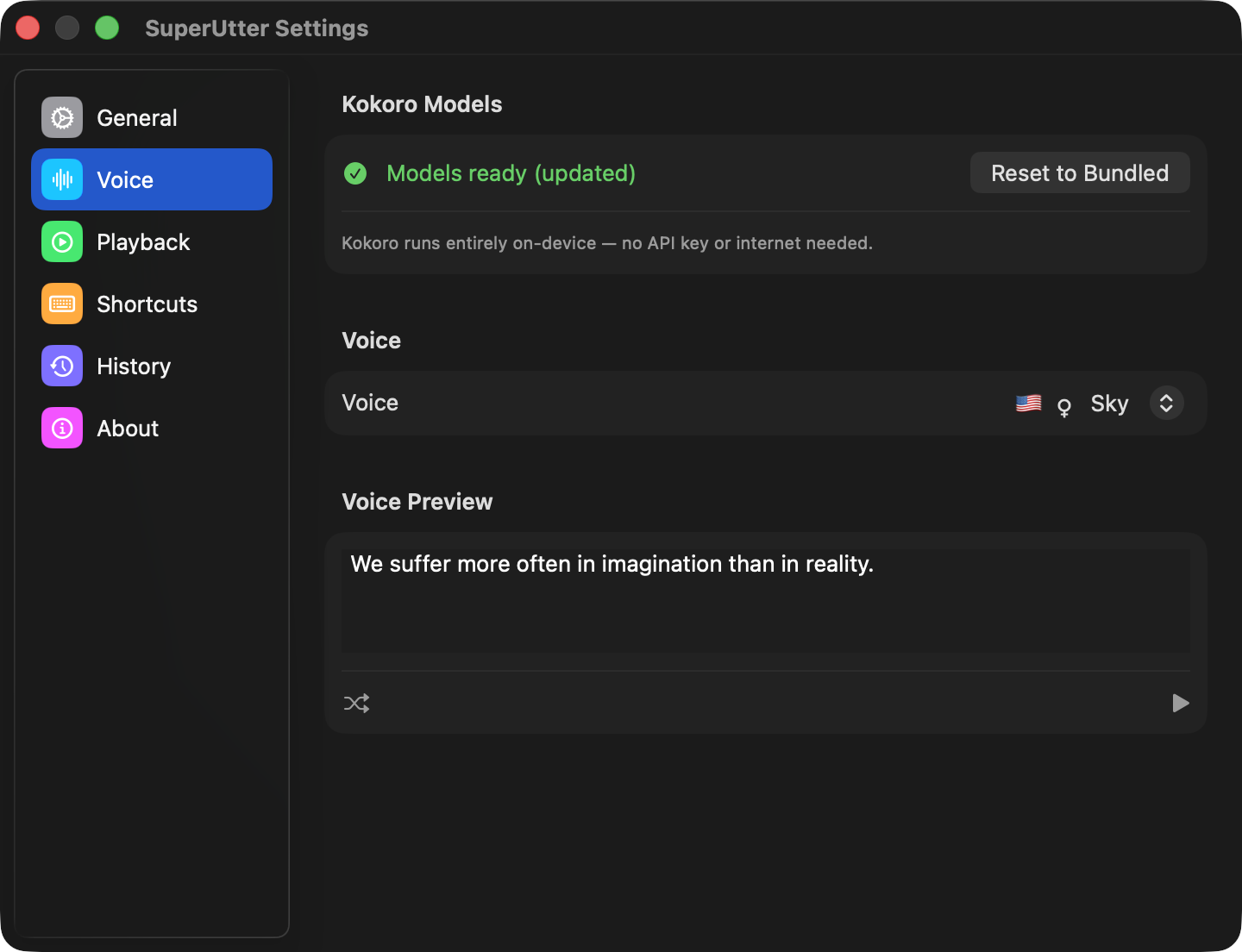 SuperUtter settings — Voice
